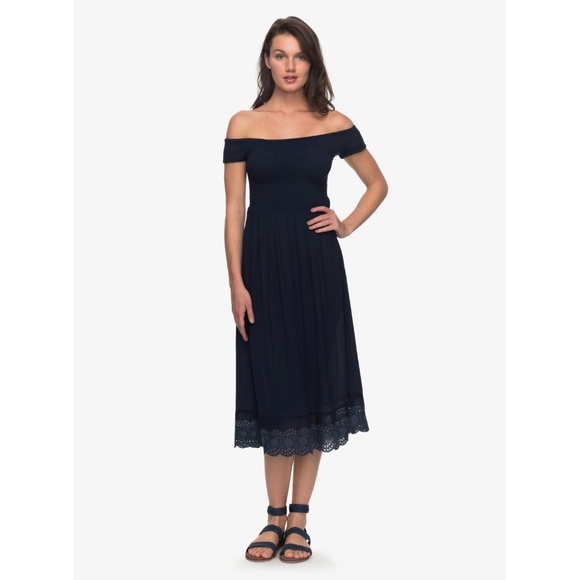 Roxy "Pretty Lovers" Navy Blue off shoulder midi dress size XS - Picture 2 of 5